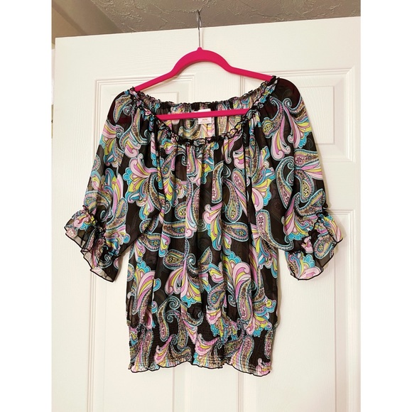 Ariat Tops - Ariat Brown Colorful Paisley Elastic Hems Sheer Puff Short Sleeves Country Top